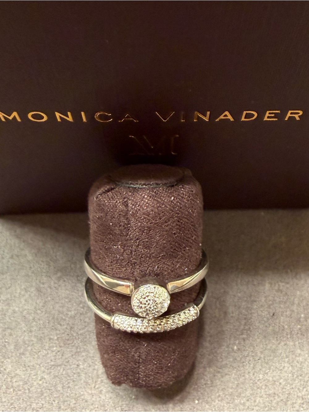 Fiji Mini Button Stacking Ring and The Monica Vinader
Stellar Diamond Band Ring